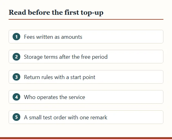 Numbered list of five checks before the first top-up, from fees written as amounts to a small test order with one remark.