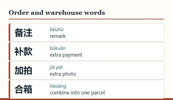 Glossary card of four Chinese order words with pinyin: remark, extra payment, extra photo, combine into one parcel.