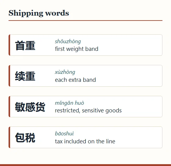 Glossary card of four Chinese shipping words with pinyin: first weight band, each extra band, sensitive goods, tax included.