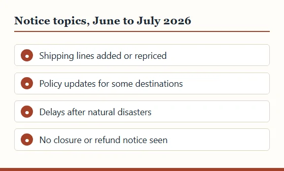 Four notice topics from June to July 2026: shipping lines, destination policy updates, delays after natural disasters, and no closure or refund notice seen.