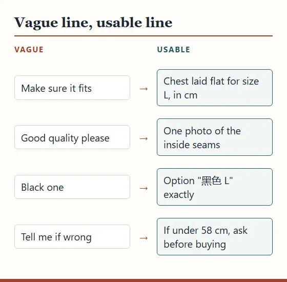Four vague remark lines paired with usable versions, such as make sure it fits replaced by chest laid flat for size L in centimetres.