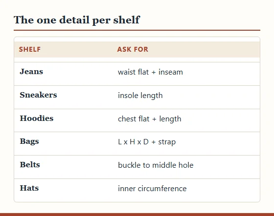 Two-part chart pairing six shelves with the detail to ask for, from jeans, waist flat and inseam, to hats, inner circumference.