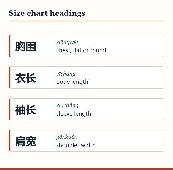 Four Chinese size chart headings with pinyin and English: chest, body length, sleeve length, shoulder width.