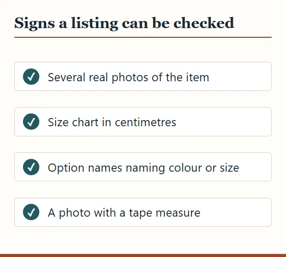 Checklist of four signs a listing can be checked: several real photos, size chart in centimetres, descriptive option names, a photo with a tape measure.