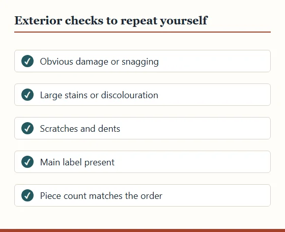 Checklist of five exterior checks: damage or snagging, stains, scratches and dents, main label present, piece count.